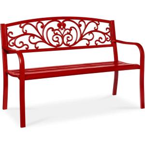 imageBest Choice Products Outdoor Bench Steel Garden Patio Porch Furniture for Lawn Park Deck wFloral Design Backrest Slatted Seat  BrownRed