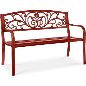imageBest Choice Products Outdoor Bench Steel Garden Patio Porch Furniture for Lawn Park Deck wFloral Design Backrest Slatted Seat  BrownRust