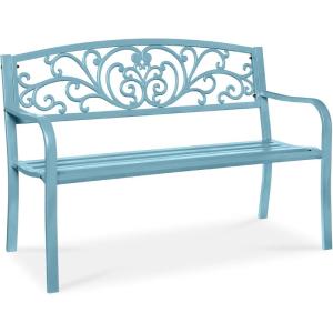 imageBest Choice Products Outdoor Bench Steel Garden Patio Porch Furniture for Lawn Park Deck wFloral Design Backrest Slatted Seat  BrownSky Blue