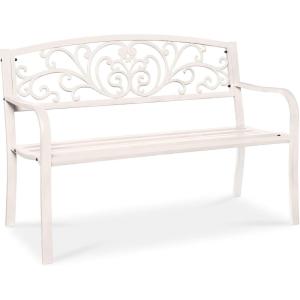 imageBest Choice Products Outdoor Bench Steel Garden Patio Porch Furniture for Lawn Park Deck wFloral Design Backrest Slatted Seat  BrownWhite