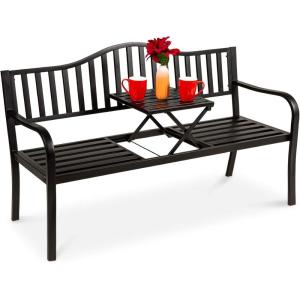 imageBest Choice Products Outdoor Garden Bench with Pullout Middle Table Double Seat Steel Metal for Patio Porch Backyard wWeather Resistant Frame 600lb Weight Capacity  Black