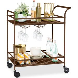 imageBest Choice Products Outdoor Mobile Patio Bar Cart Home Bar Serving Cart BBQ Side Table w 2 Tier Storage Wine Rack Lockable Wheels  PeacockBrown