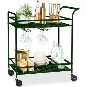 imageBest Choice Products Outdoor Mobile Patio Bar Cart Home Bar Serving Cart BBQ Side Table w 2 Tier Storage Wine Rack Lockable Wheels  PeacockDeep Green