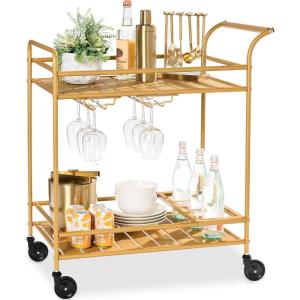 imageBest Choice Products Outdoor Mobile Patio Bar Cart Home Bar Serving Cart BBQ Side Table w 2 Tier Storage Wine Rack Lockable Wheels  PeacockGold