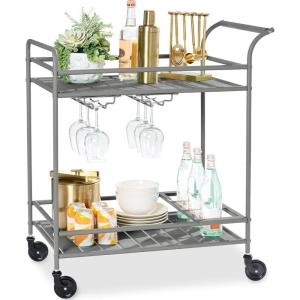 imageBest Choice Products Outdoor Mobile Patio Bar Cart Home Bar Serving Cart BBQ Side Table w 2 Tier Storage Wine Rack Lockable Wheels  PeacockGray