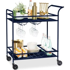 imageBest Choice Products Outdoor Mobile Patio Bar Cart Home Bar Serving Cart BBQ Side Table w 2 Tier Storage Wine Rack Lockable Wheels  PeacockNavy