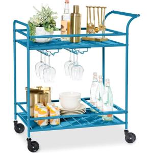 imageBest Choice Products Outdoor Mobile Patio Bar Cart Home Bar Serving Cart BBQ Side Table w 2 Tier Storage Wine Rack Lockable Wheels  PeacockPeacock
