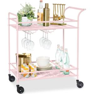 imageBest Choice Products Outdoor Mobile Patio Bar Cart Home Bar Serving Cart BBQ Side Table w 2 Tier Storage Wine Rack Lockable Wheels  PeacockPink