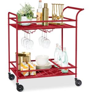 imageBest Choice Products Outdoor Mobile Patio Bar Cart Home Bar Serving Cart BBQ Side Table w 2 Tier Storage Wine Rack Lockable Wheels  PeacockRed