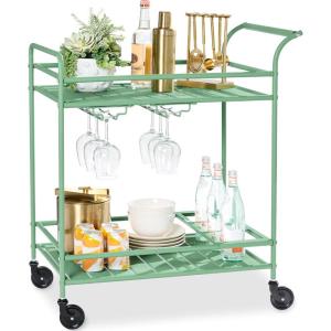 imageBest Choice Products Outdoor Mobile Patio Bar Cart Home Bar Serving Cart BBQ Side Table w 2 Tier Storage Wine Rack Lockable Wheels  PeacockSage