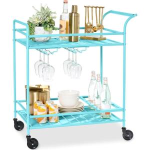 imageBest Choice Products Outdoor Mobile Patio Bar Cart Home Bar Serving Cart BBQ Side Table w 2 Tier Storage Wine Rack Lockable Wheels  PeacockTeal