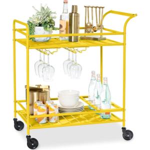 imageBest Choice Products Outdoor Mobile Patio Bar Cart Home Bar Serving Cart BBQ Side Table w 2 Tier Storage Wine Rack Lockable Wheels  PeacockYellow