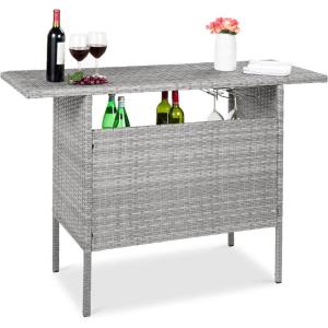 imageBest Choice Products Outdoor Patio Wicker Bar Counter Table Backyard Furniture w 2 Steel Shelves and 2 Sets of Rails  GrayGrey