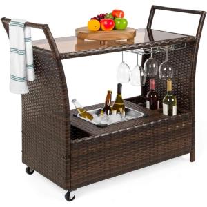 imageBest Choice Products Outdoor Rolling Wicker Bar Cart wRemovable Ice Bucket Glass Countertop Wine Glass Holders Storage Compartments  Brown