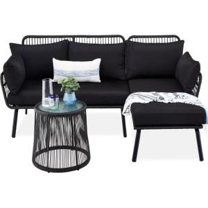 imageBest Choice Products Outdoor Rope Woven Sectional Patio Furniture LShaped Conversation Sofa Set for Backyard Porch wThick Cushions Detachable Lounger Side Table  BlackBlack