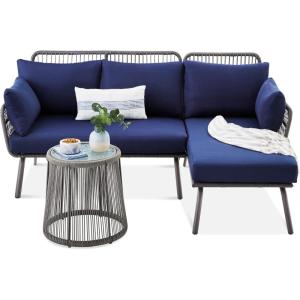 imageBest Choice Products Outdoor Rope Woven Sectional Patio Furniture LShaped Conversation Sofa Set for Backyard Porch wThick Cushions Detachable Lounger Side Table  BlackGrayNavy