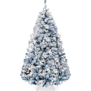 imageBest Choice Products PreLit Artificial Christmas Tree 6ft Snow Flocked Pine Tree 2in1 White and Multicolor LED Lights Full Snowy AppearanceIce Blue