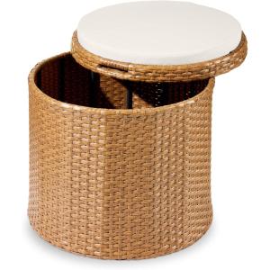 imageBest Choice Products Round Wicker Ottoman Multipurpose Outdoor Furniture for Patio Backyard Additional Seating Footrest Side Table wStorage Removable Cushions  BrownBeigeNaturalIvory