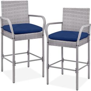 imageBest Choice Products Set of 2 Wicker Bar Stools Indoor Outdoor Bar Height Chairs wCushion Footrests Armrests for Backyard Patio Pool Garden Deck  BrownGrey