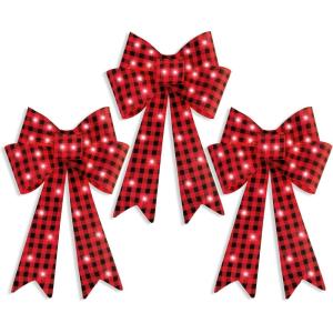 imageBest Choice Products Set of 3 Bows PreLit Christmas Bow Decoration IndoorOutdoor LED Holiday Dcor w 30 Lights Outdoor Battery Box Timer 8 Light Functions  RedBlack Buffalo PlaidPlaid 3 Piece Set