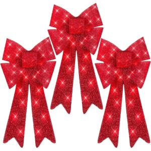 imageBest Choice Products Set of 3 Bows PreLit Christmas Bow Decoration IndoorOutdoor LED Holiday Dcor w 30 Lights Outdoor Battery Box Timer 8 Light Functions  RedBlack Buffalo PlaidRed 3 Piece Set