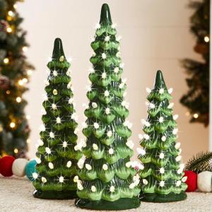 imageBest Choice Products Set of 3 Ceramic Christmas Trees PreLit HandPainted Tabletop Holiday Decoration wMulticolor Bulbs LED Lights  GreenGreen W Warm White Lights