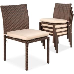imageBest Choice Products Set of 4 Stackable Outdoor Patio Wicker Chairs wCushions UVResistant Finish and Steel Frame  BrownCreamBrownCream