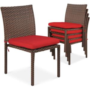 imageBest Choice Products Set of 4 Stackable Outdoor Patio Wicker Chairs wCushions UVResistant Finish and Steel Frame  BrownCreamBrownRed