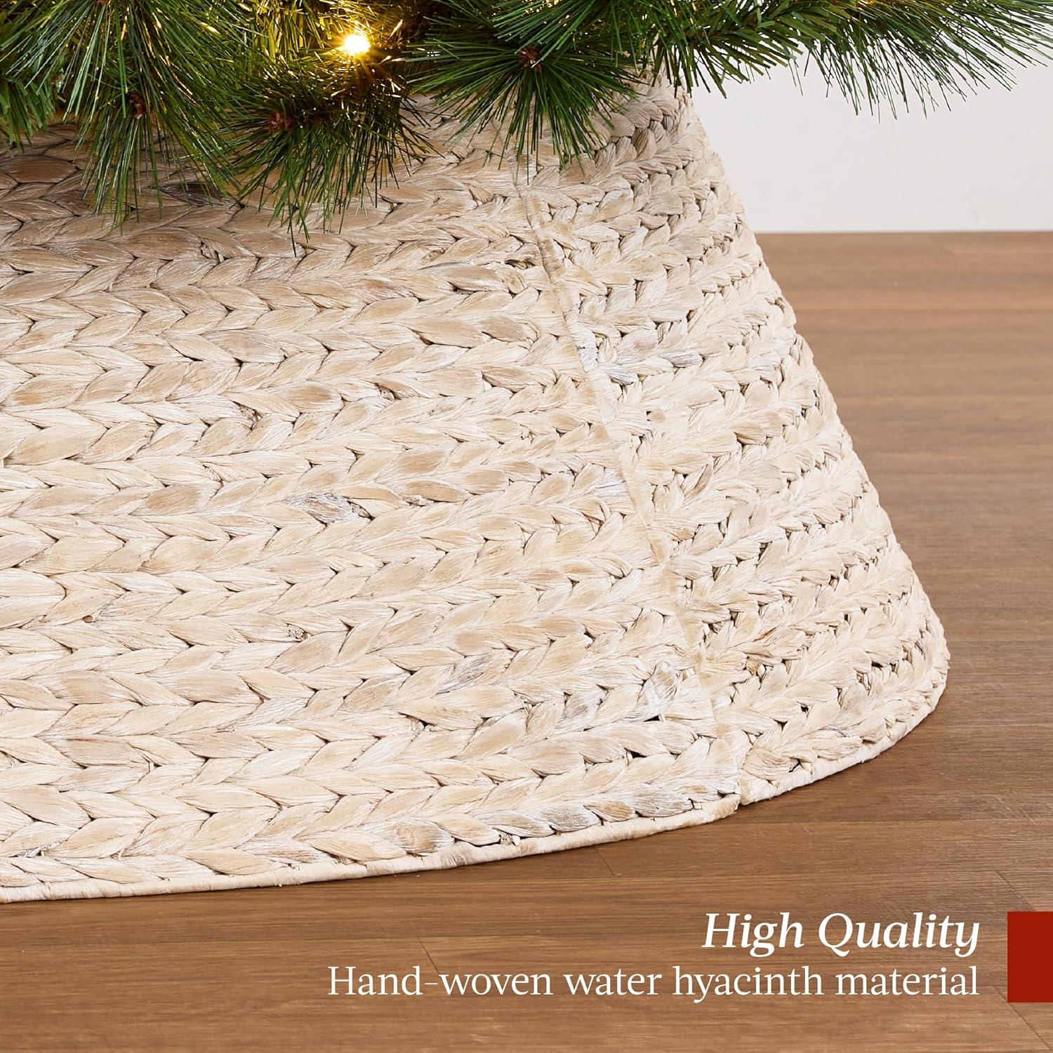 imageBest Choice Products 36in Christmas Tree Collar Woven Hyacinth 3Piece Holiday Rattan Tree Skirt Accessory for Home wCord CutOut  NaturalWashed White