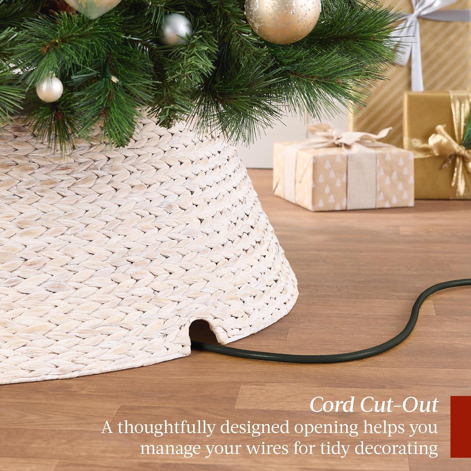 imageBest Choice Products 36in Christmas Tree Collar Woven Hyacinth 3Piece Holiday Rattan Tree Skirt Accessory for Home wCord CutOut  NaturalWashed White