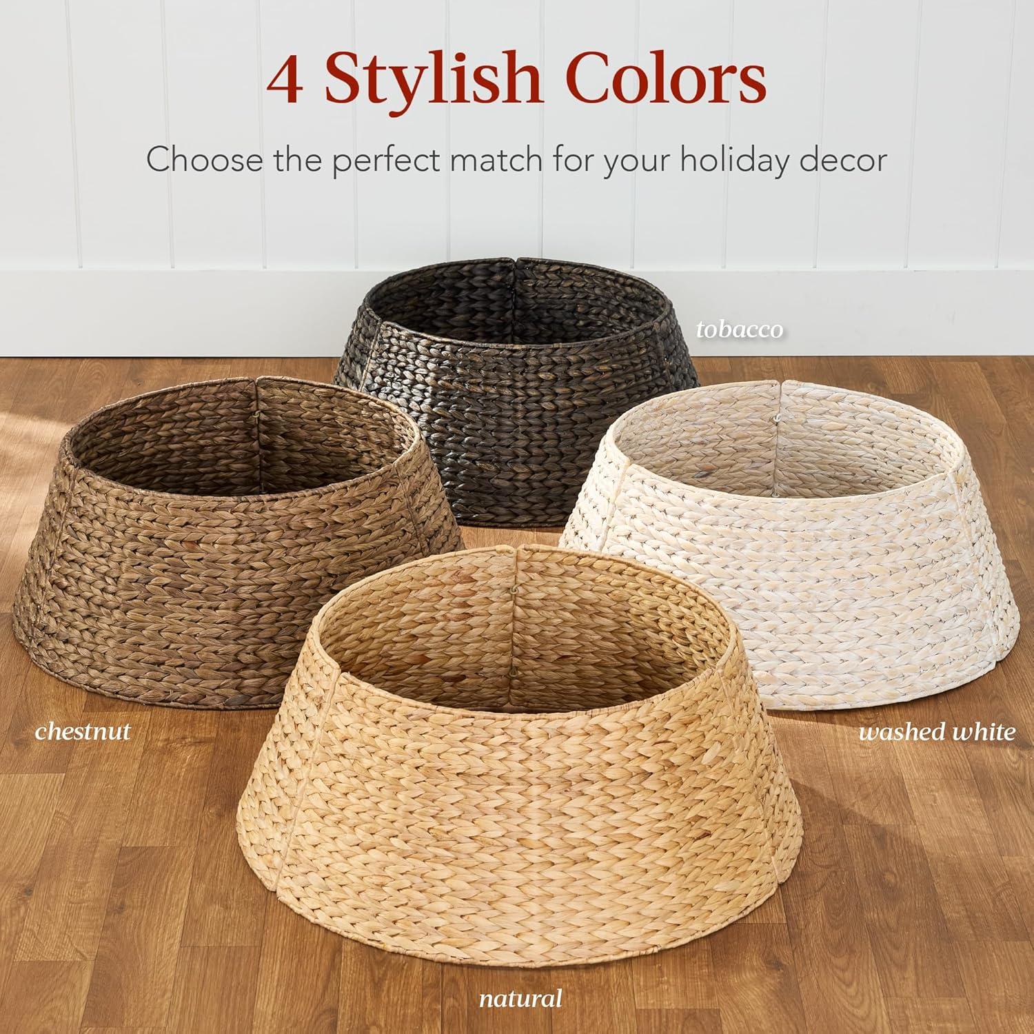 imageBest Choice Products 36in Christmas Tree Collar Woven Hyacinth 3Piece Holiday Rattan Tree Skirt Accessory for Home wCord CutOut  NaturalWashed White