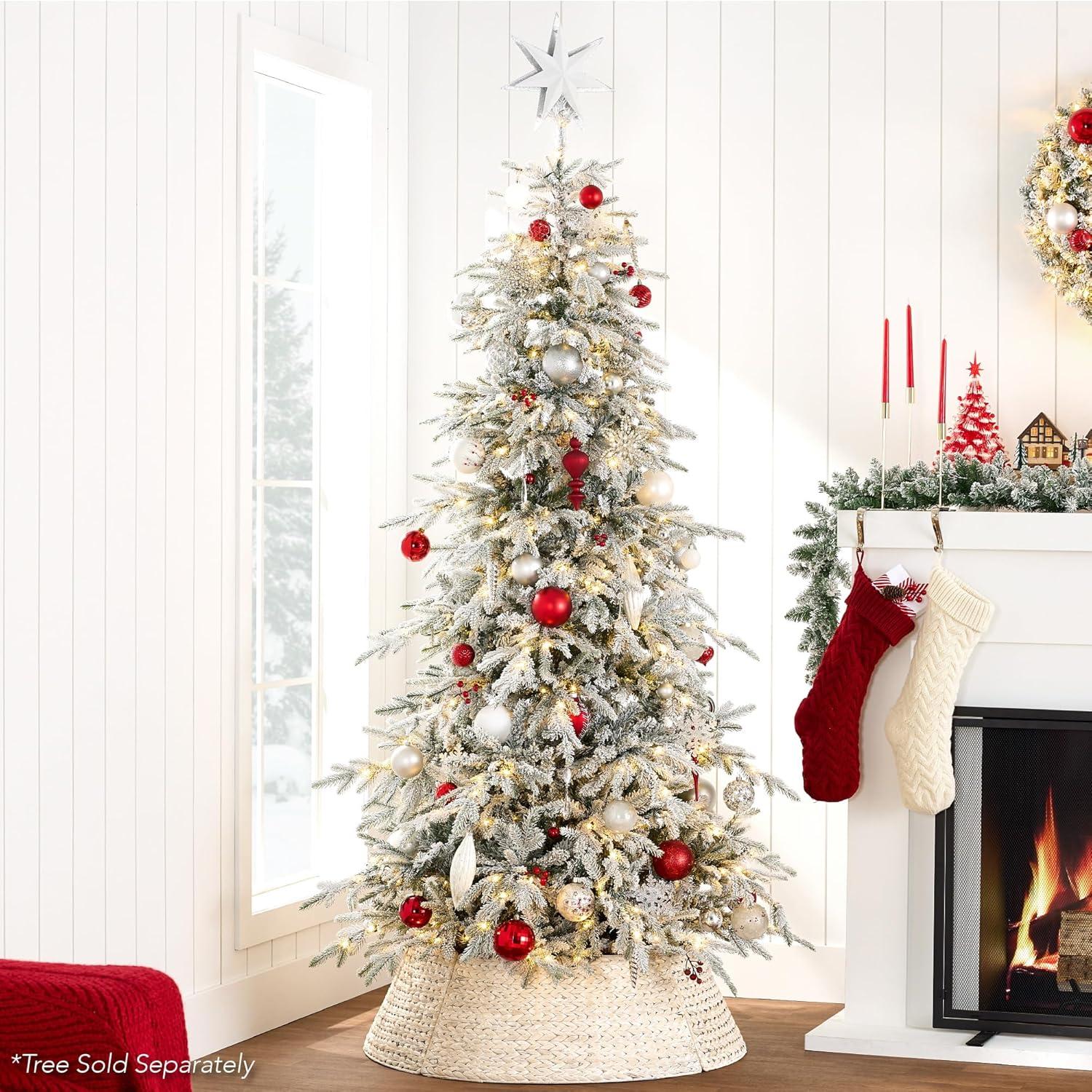imageBest Choice Products 36in Christmas Tree Collar Woven Hyacinth 3Piece Holiday Rattan Tree Skirt Accessory for Home wCord CutOut  NaturalWashed White