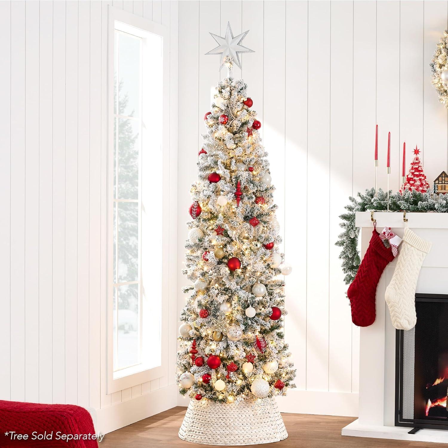 imageBest Choice Products 36in Christmas Tree Collar Woven Hyacinth 3Piece Holiday Rattan Tree Skirt Accessory for Home wCord CutOut  NaturalWashed White