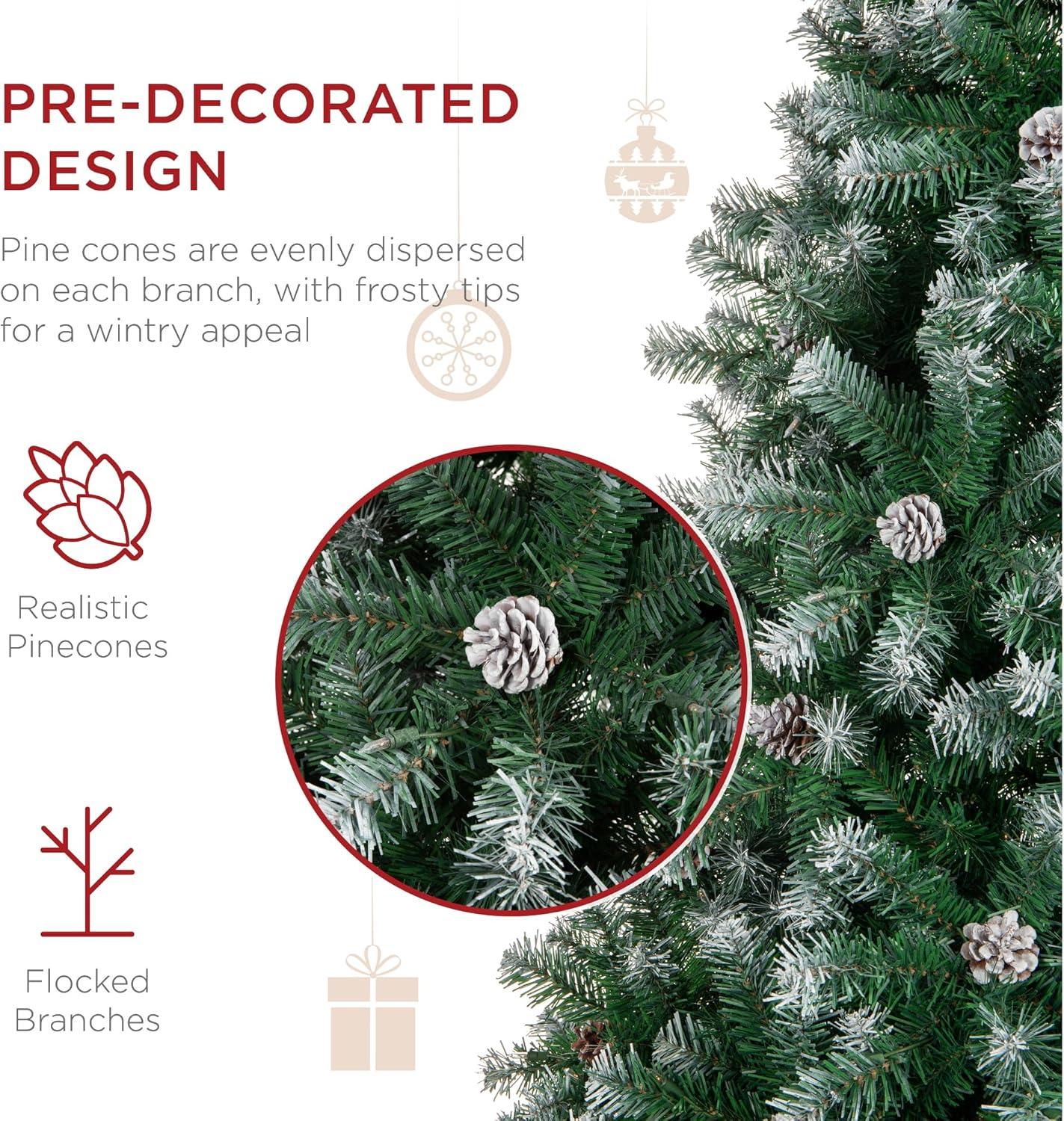 imageBest Choice Products 6ft PreDecorated Holiday Christmas Tree for Home Office Party Decoration w 1000 PVC Branch Tips Partially Flocked Design Pine Cones Metal Hinges ampamp Base45ft