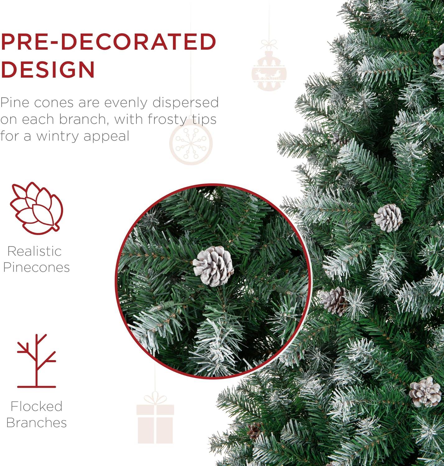 imageBest Choice Products 6ft PreDecorated Holiday Christmas Tree for Home Office Party Decoration w 1000 PVC Branch Tips Partially Flocked Design Pine Cones Metal Hinges ampamp Base12ft