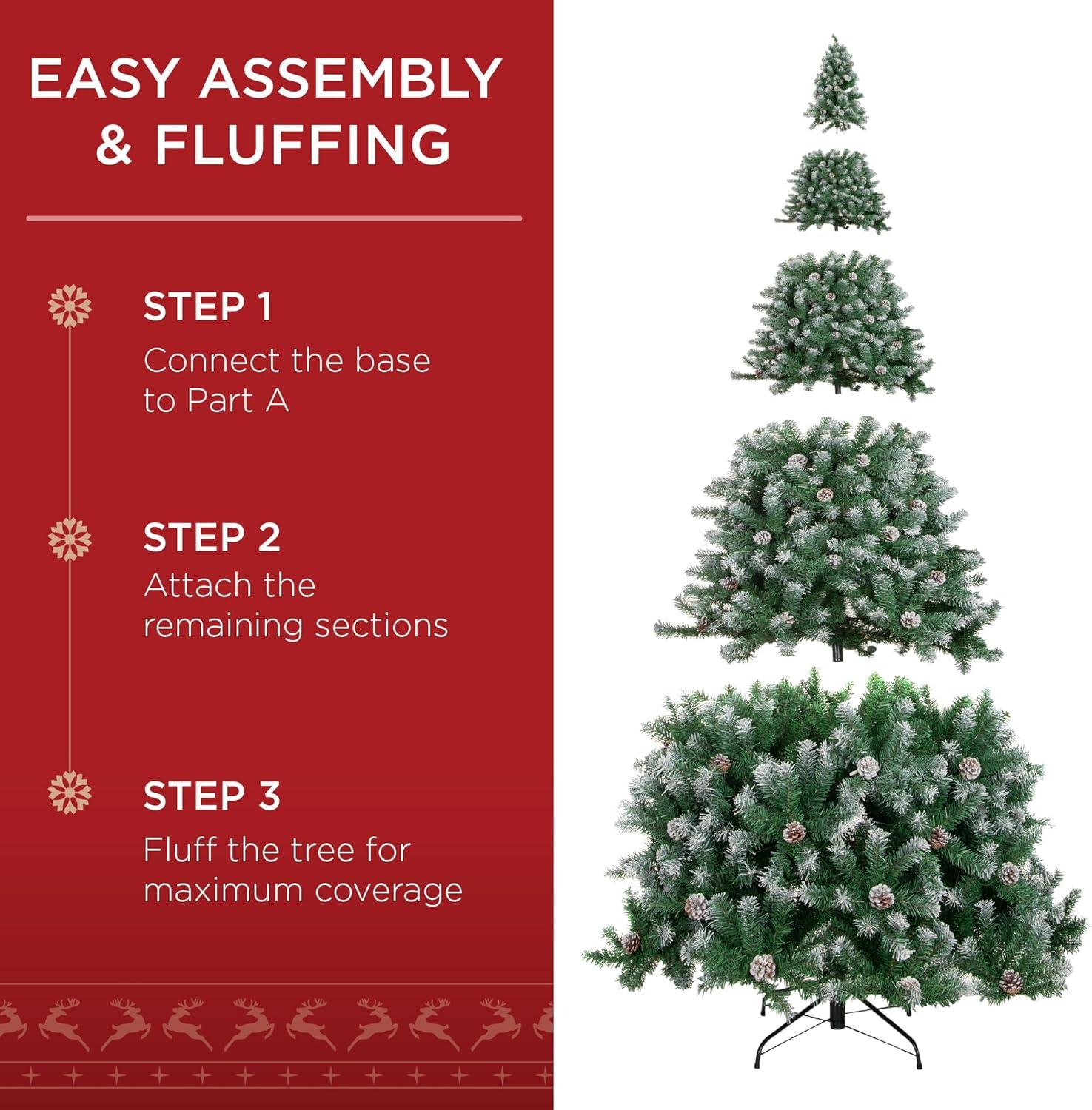 imageBest Choice Products 6ft PreDecorated Holiday Christmas Tree for Home Office Party Decoration w 1000 PVC Branch Tips Partially Flocked Design Pine Cones Metal Hinges ampamp Base12ft