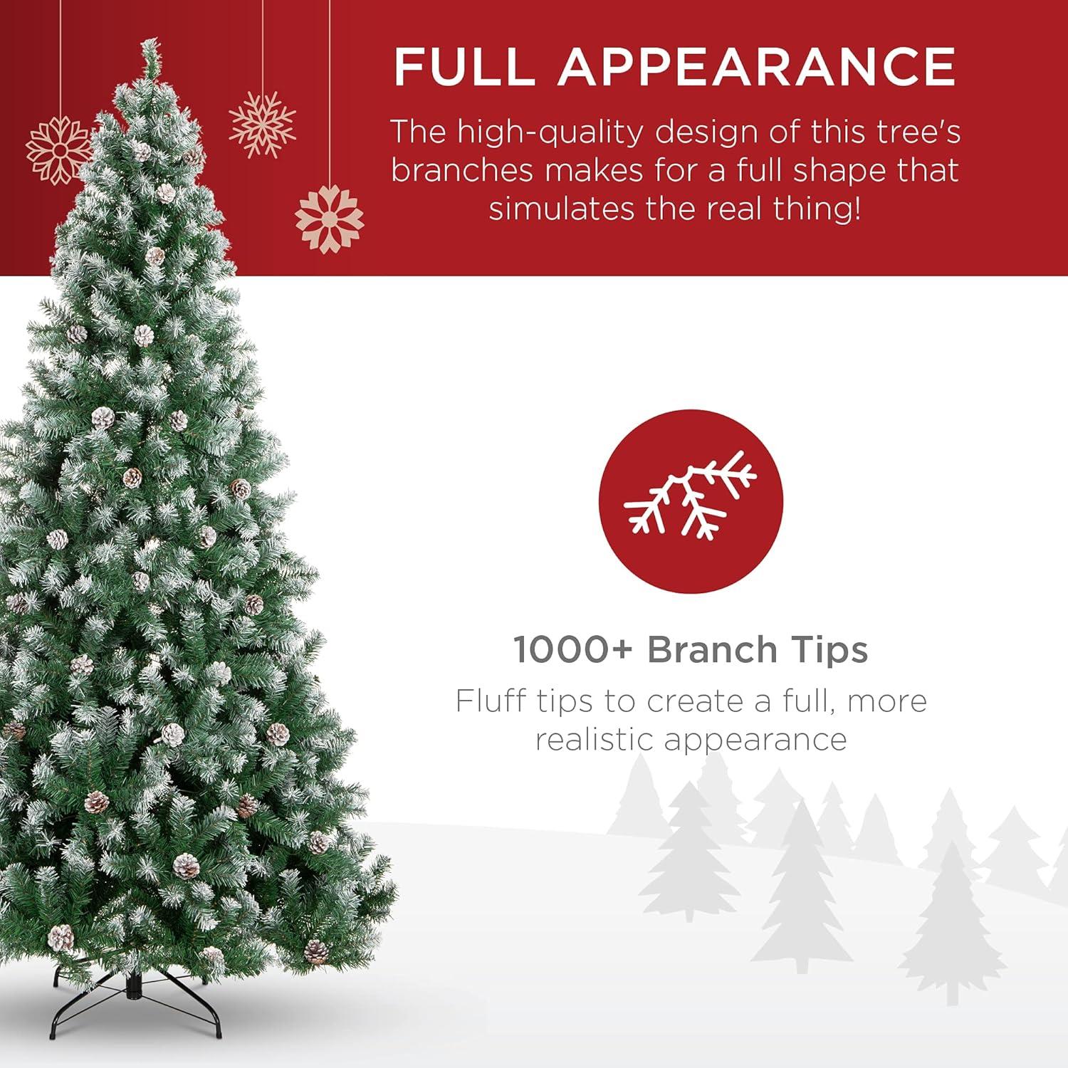 imageBest Choice Products 6ft PreDecorated Holiday Christmas Tree for Home Office Party Decoration w 1000 PVC Branch Tips Partially Flocked Design Pine Cones Metal Hinges ampamp Base75ft