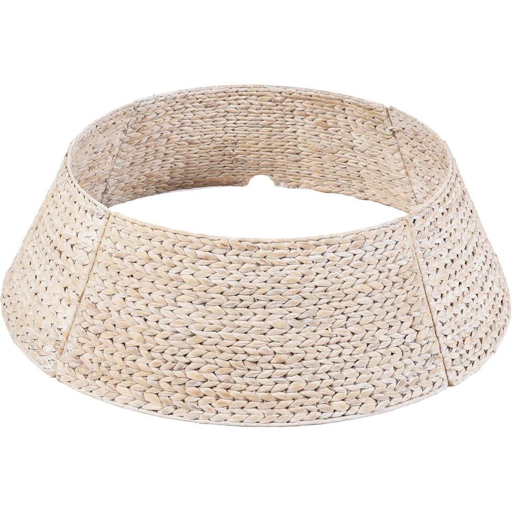 imageBest Choice Products 36in Christmas Tree Collar Woven Hyacinth 3Piece Holiday Rattan Tree Skirt Accessory for Home wCord CutOut  NaturalWashed White