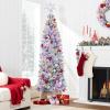 imageBest Choice Products Flocked Pencil Christmas Tree PreLit Slim Artificial Holiday Decoration 6ft Lighted Skinny wBase Warm White LightsDual WhiteMulti Color Lights