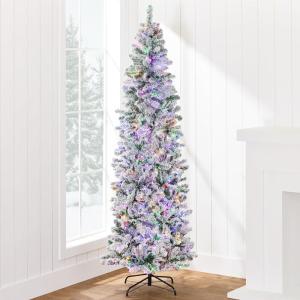 imageBest Choice Products Flocked Pencil Christmas Tree PreLit Slim Artificial Holiday Decoration 6ft Lighted Skinny wBase Warm White LightsDual WhiteMulti Color Lights