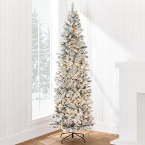 imageBest Choice Products Flocked Pencil Christmas Tree PreLit Slim Artificial Holiday Decoration 6ft Lighted Skinny wBase Warm White LightsWhite Lights