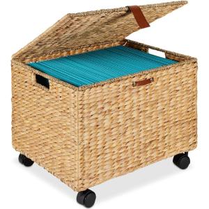 imageBest Choice Products Handwoven Water Hyacinth Rolling Filing Cabinet Mobile File Organizer for Hanging Folders WLid and Locking Wheels For Home or Office  NaturalNatural