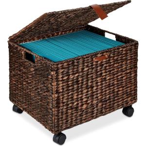 imageBest Choice Products Handwoven Water Hyacinth Rolling Filing Cabinet Mobile File Organizer for Hanging Folders WLid and Locking Wheels For Home or Office  NaturalBrown