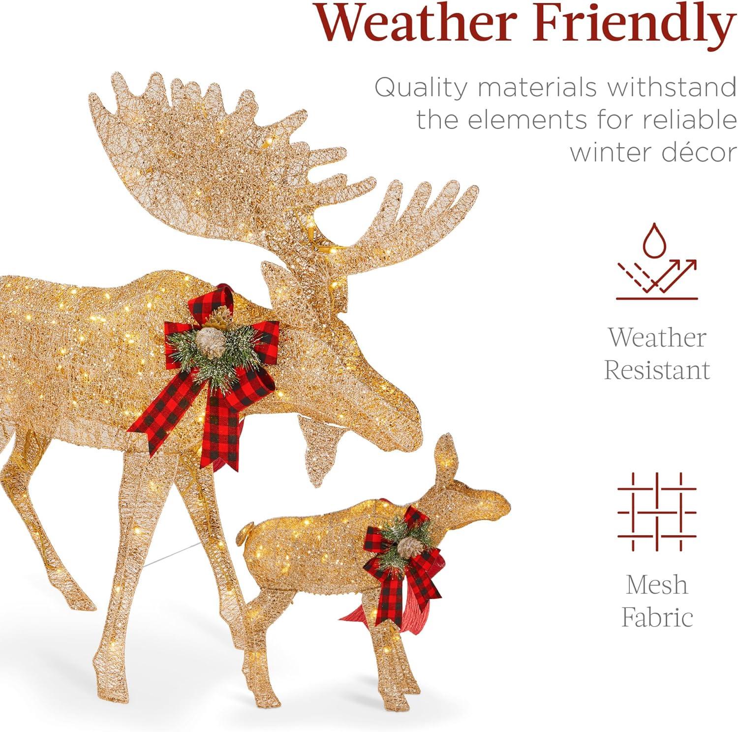 imageBest Choice Products 2Piece Moose Family Lighted Outdoor AllWeather Christmas Yard Decoration LightUp Dcor Set w 170 LED Lights Ground Stakes Zip Ties  GoldGold  Extra Large