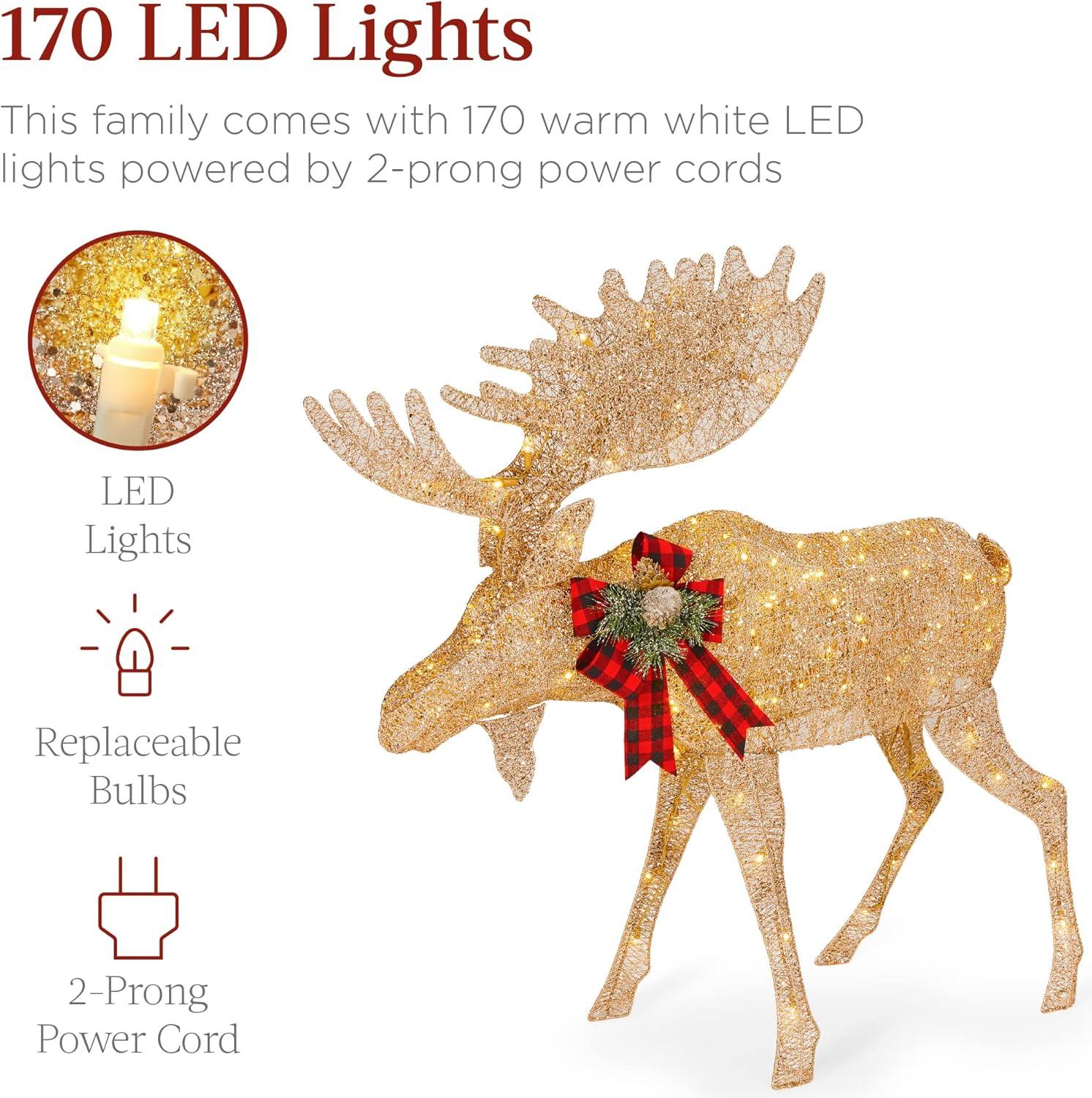 imageBest Choice Products 2Piece Moose Family Lighted Outdoor AllWeather Christmas Yard Decoration LightUp Dcor Set w 170 LED Lights Ground Stakes Zip Ties  GoldGold  Large