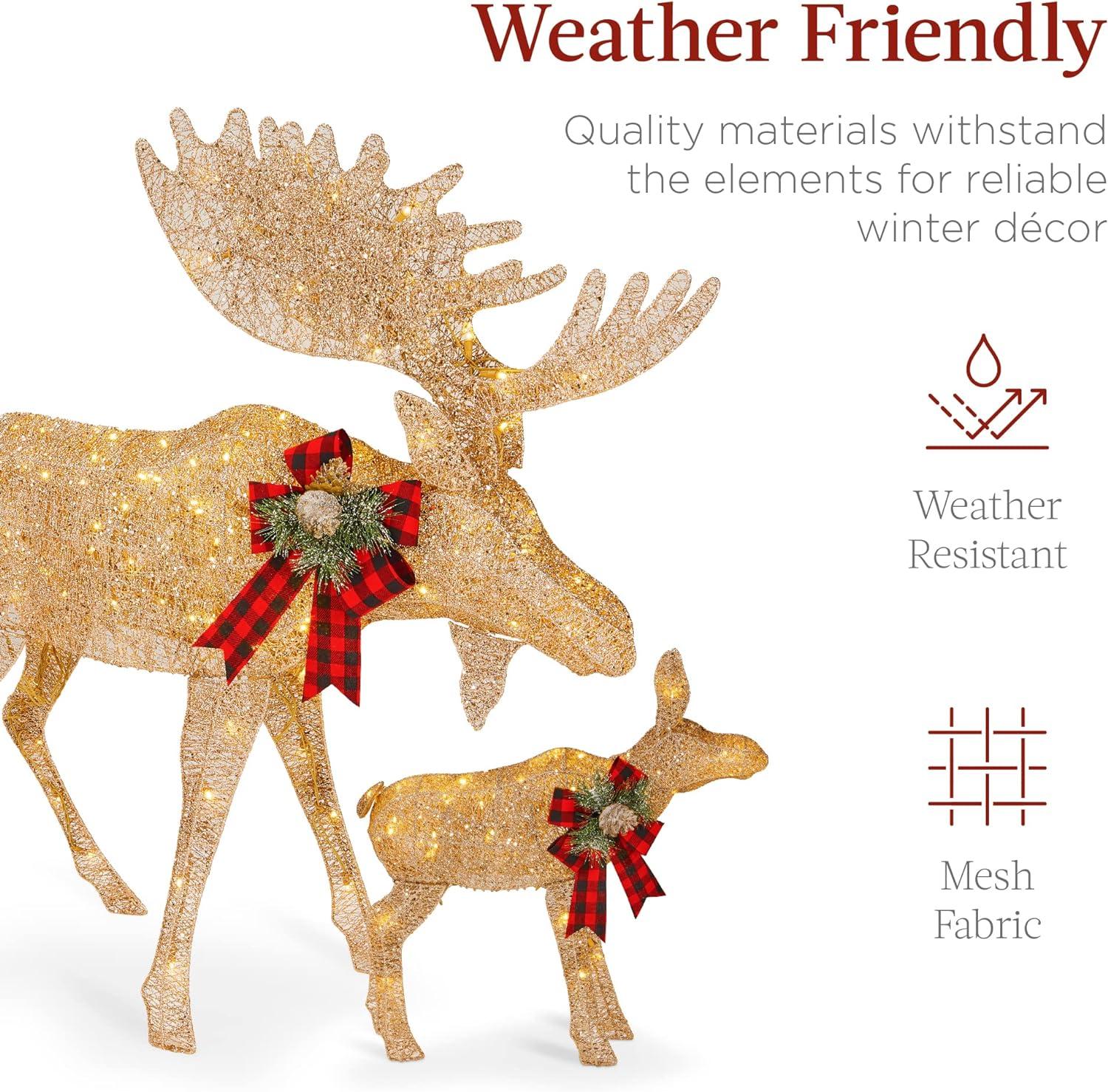 imageBest Choice Products 2Piece Moose Family Lighted Outdoor AllWeather Christmas Yard Decoration LightUp Dcor Set w 170 LED Lights Ground Stakes Zip Ties  GoldGold  Large