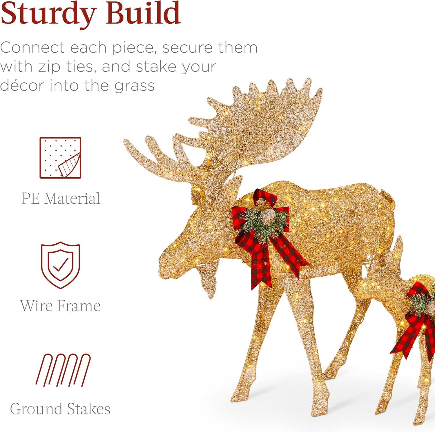 imageBest Choice Products 2Piece Moose Family Lighted Outdoor AllWeather Christmas Yard Decoration LightUp Dcor Set w 170 LED Lights Ground Stakes Zip Ties  GoldGold  Large