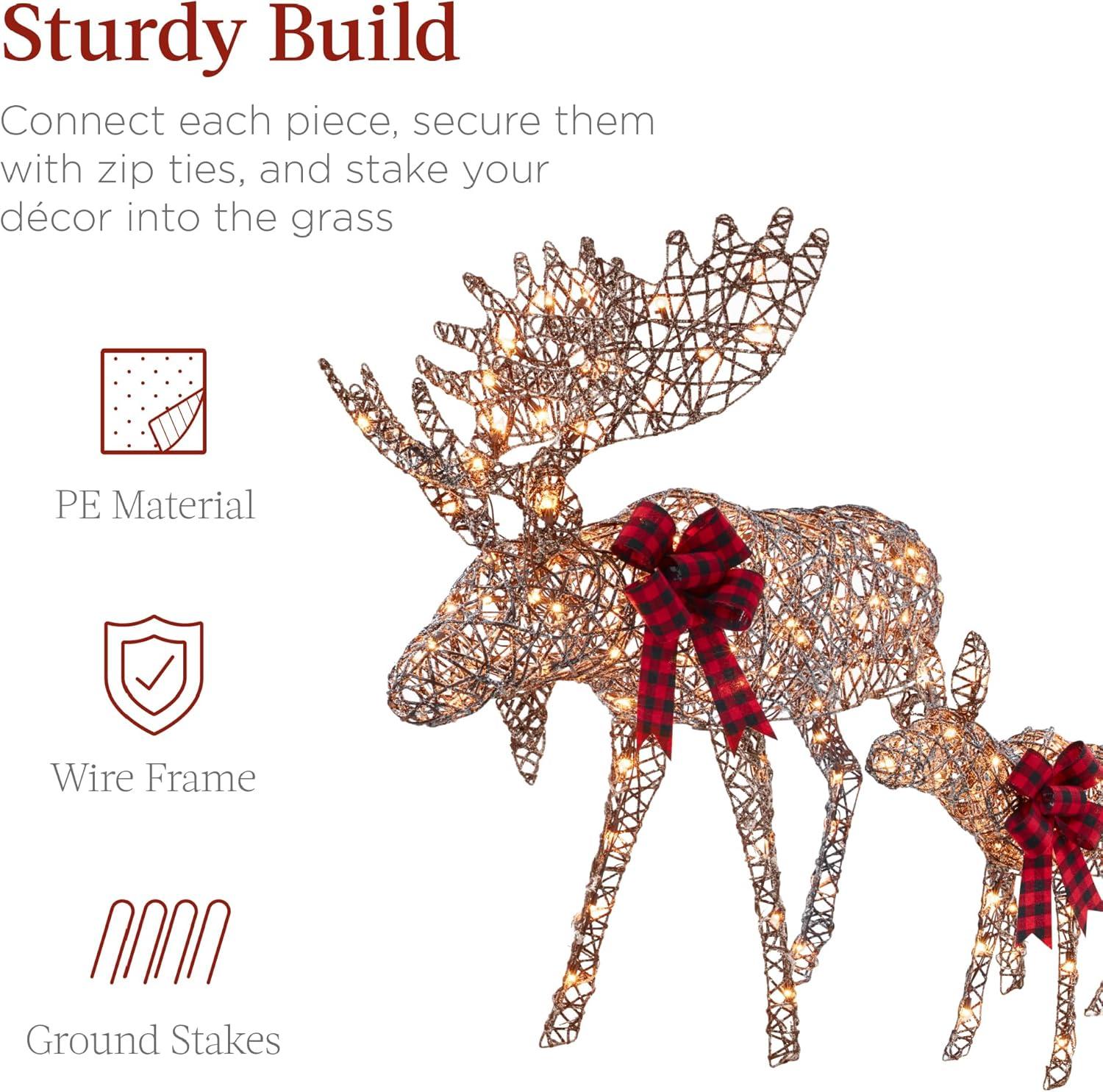 imageBest Choice Products 2Piece Moose Family Lighted Outdoor AllWeather Christmas Yard Decoration LightUp Dcor Set w 170 LED Lights Ground Stakes Zip Ties  GoldRattan  Extra Large