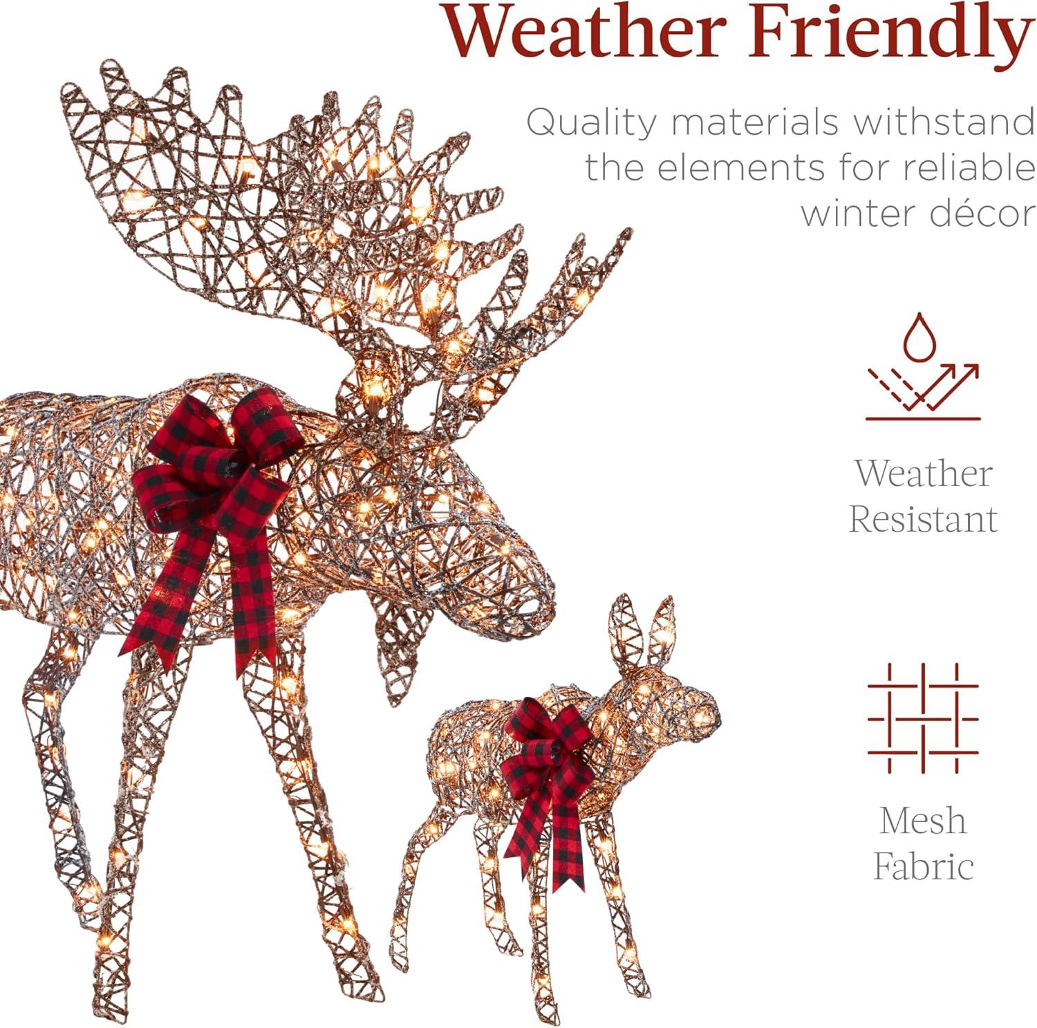 imageBest Choice Products 2Piece Moose Family Lighted Outdoor AllWeather Christmas Yard Decoration LightUp Dcor Set w 170 LED Lights Ground Stakes Zip Ties  GoldRattan  Extra Large
