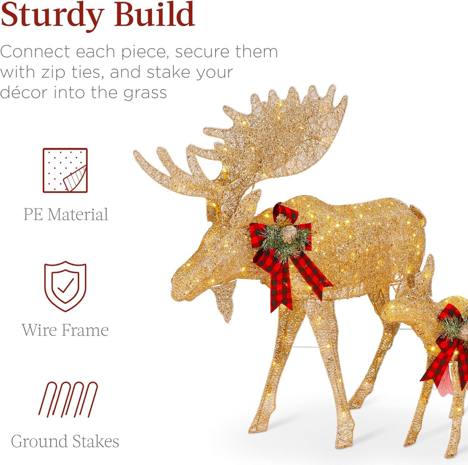 imageBest Choice Products 2Piece Moose Family Lighted Outdoor AllWeather Christmas Yard Decoration LightUp Dcor Set w 170 LED Lights Ground Stakes Zip Ties  GoldGold  Extra Large